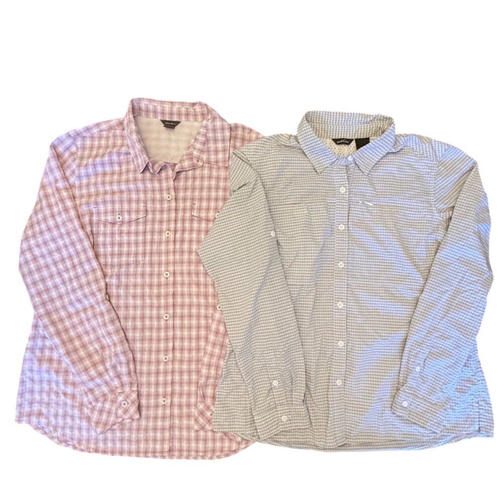 Lot of 2 Eddie Bauer Womens Large Button Shirts Pink Gray Plaid Hiking Stretch